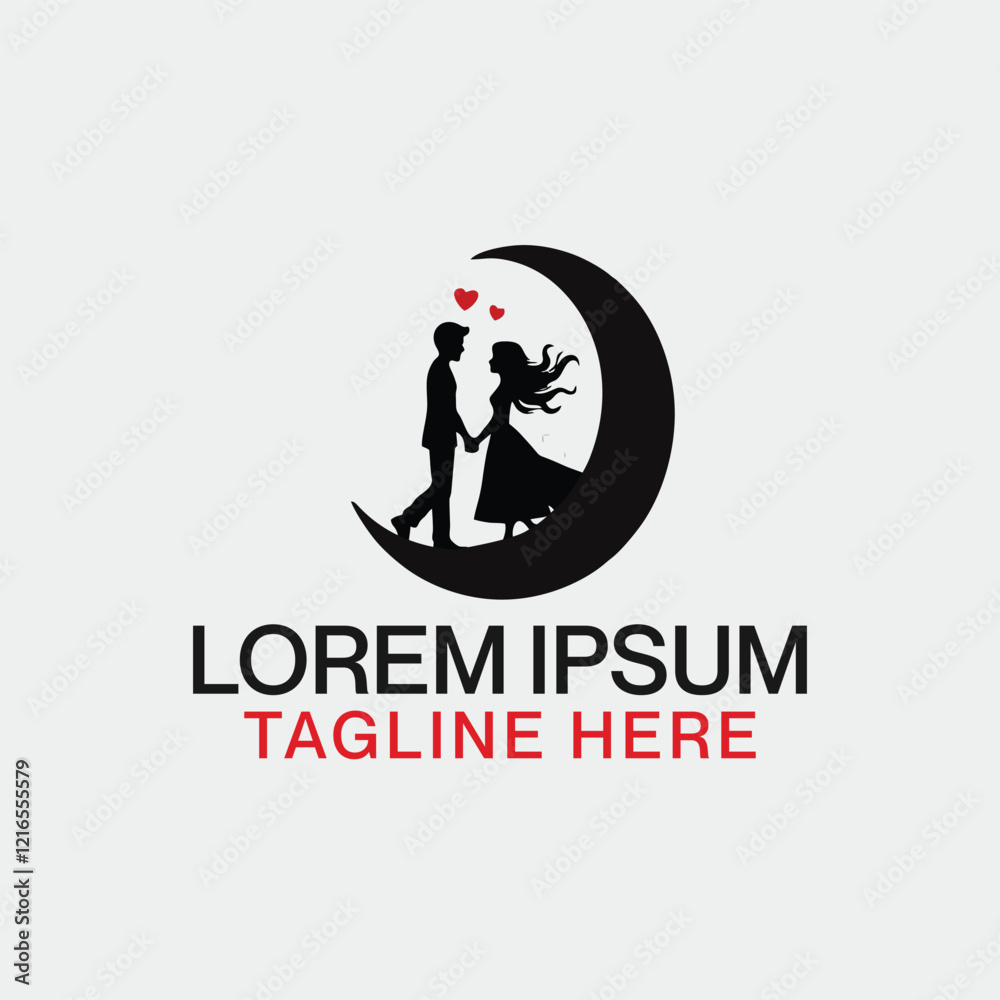 Couple in Love Walking on Crescent Moon with Hearts: Romantic Love Logo Design, Vector Illustration Couple in Love Walking on Crescent Moon with Hearts: Romantic Love Logo Design, Vector Illustration