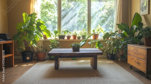 Bright room filled with lush plants, natural light streaming thr photo