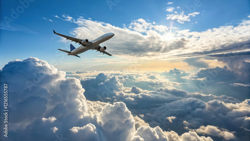 commercial plane soaring through fluffy clouds under bright sky