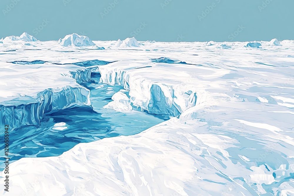 A stunning icy landscape with glacial crevices and bright blue water under clear skies. A stunning icy landscape with glacial crevices and bright blue water under clear skies.