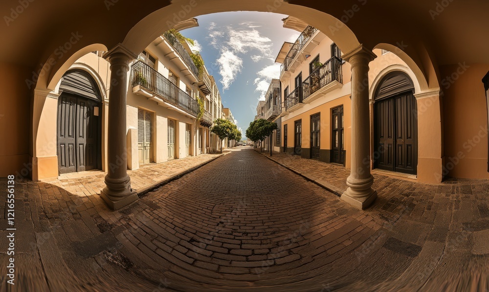 Fototapeta premium Forced perspective view of historic street in Old San Juan, San Sebastian, Puerto Rico