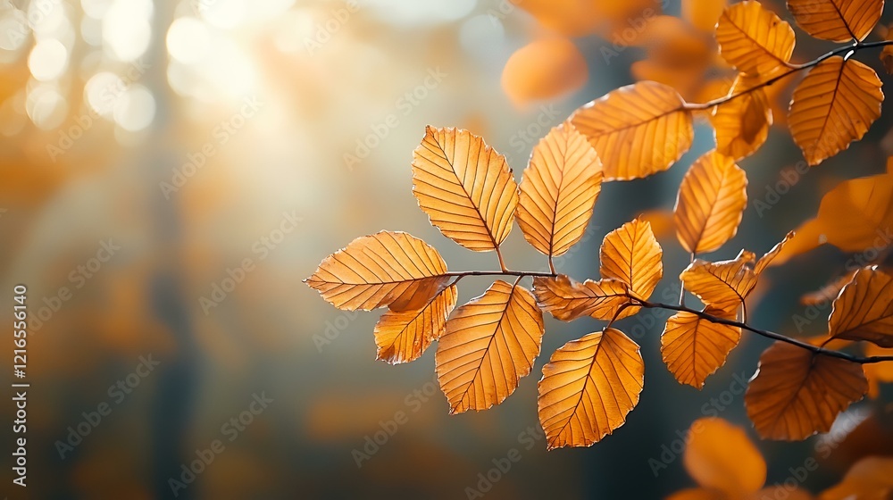 Fototapeta premium Golden autumn leaves backlit by sun in forest; nature background for website or calendar