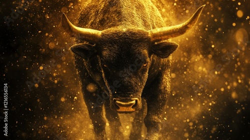A powerful black bull emerges from a dark background,
