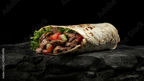 A freshly wrapped burrito lying on a dark surface, emitting steam.