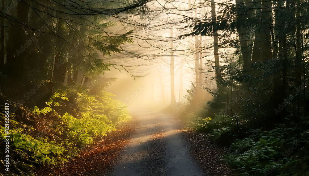 Fototapeta premium Serene forest path bathed in golden morning light. Misty atmosphere creates magical ambiance. Ideal for travel, nature, and serenity themes. Perfect for websites, brochures, or calendars.