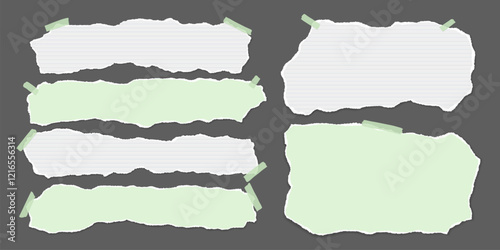 Set of torn white and green pieces of paper are on dark grey background for text, notes or ad.