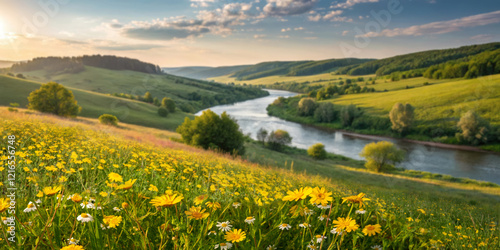 Beautiful peaceful spring-summer natural landscape of hilly terrain with a river and yellow field flowers.
