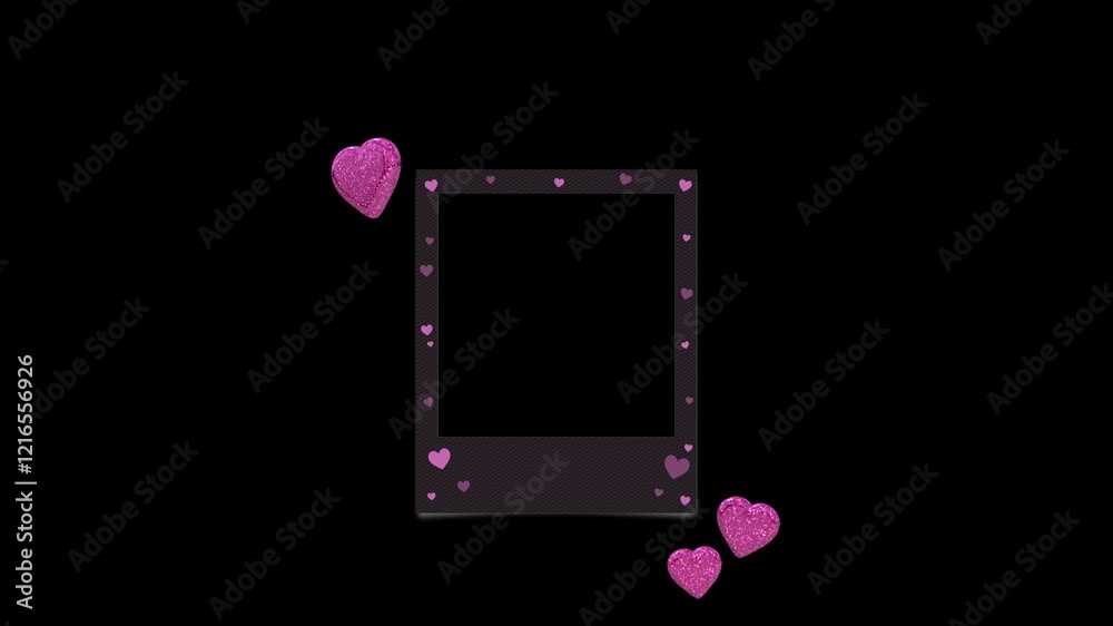 Valentine's Day Title Loop On Dark Instant Photo Frame With 3D Floating Hearts On Alpha Background