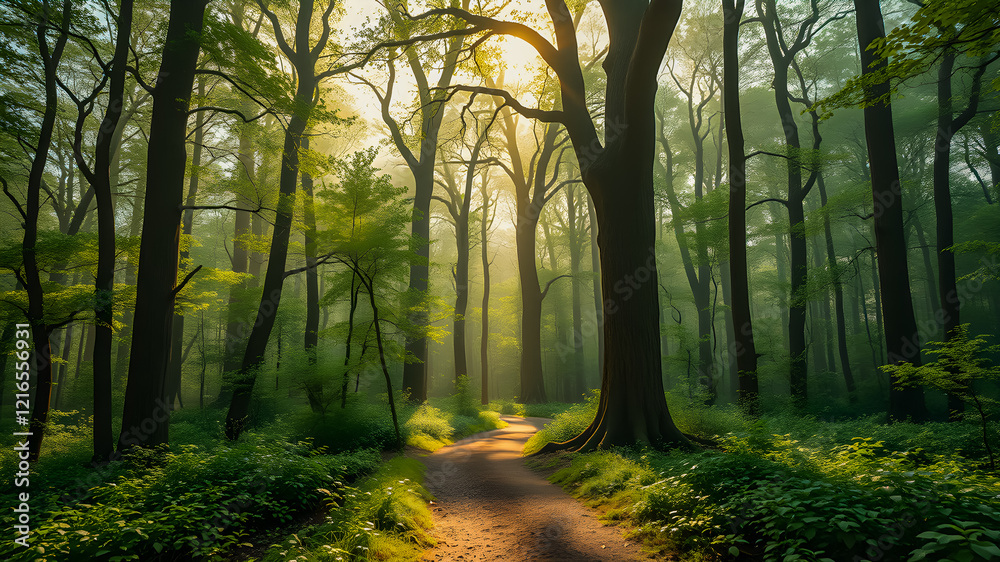 Naklejka premium Amazing nature view, tranquil forest pathway with rays of sunlight through trees leaves, Stunning spring summer scenic landscape wallpaper background. Meditation inspire natural sunrise forest trail