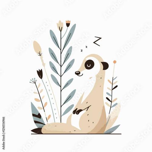 Sleepy Meerkat in Floral Garden: An adorable meerkat sits peacefully amidst a vibrant array of stylized flowers and plants, seemingly dozing off in this charming illustration.  