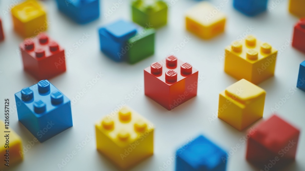 Obraz premium Building blocks neatly arranged on a white surface. Showcasing various shapes and colors. Emphasizing creativity and structure. Ideal for educational and creative projects.