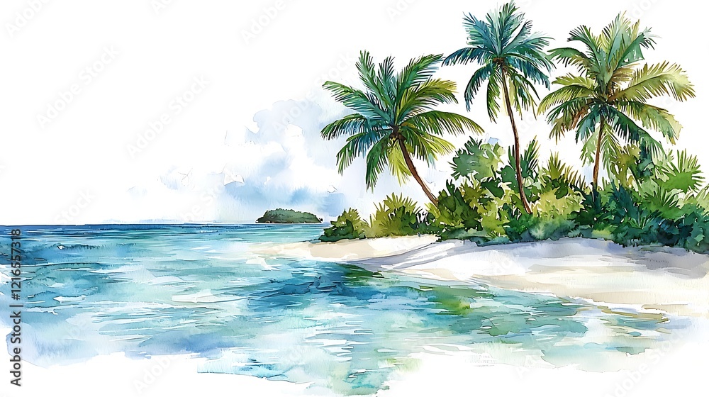 Fototapeta premium Watercolor Painting of Tropical Beach Scene with Palm Trees