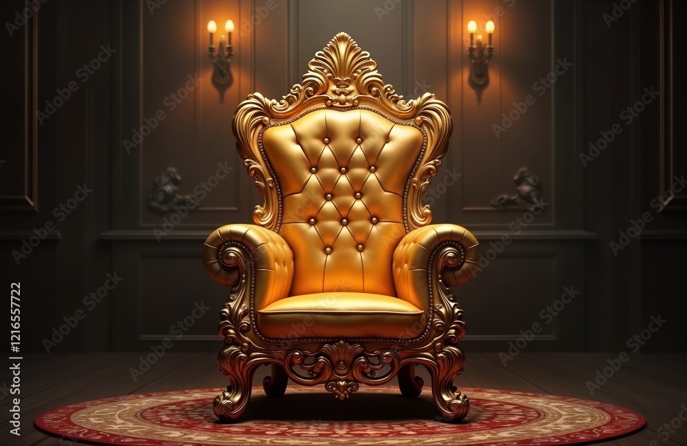 Luxury golden throne chair in regal room. Ornate details, plush leather seat. Luxurious interior design concept. Vintage style furniture object. Golden baroque chair in classic room. Comfortable, Luxury golden throne chair in regal room. Ornate details, plush leather seat. Luxurious interior design concept. Vintage style furniture object. Golden baroque chair in classic room. Comfortable,