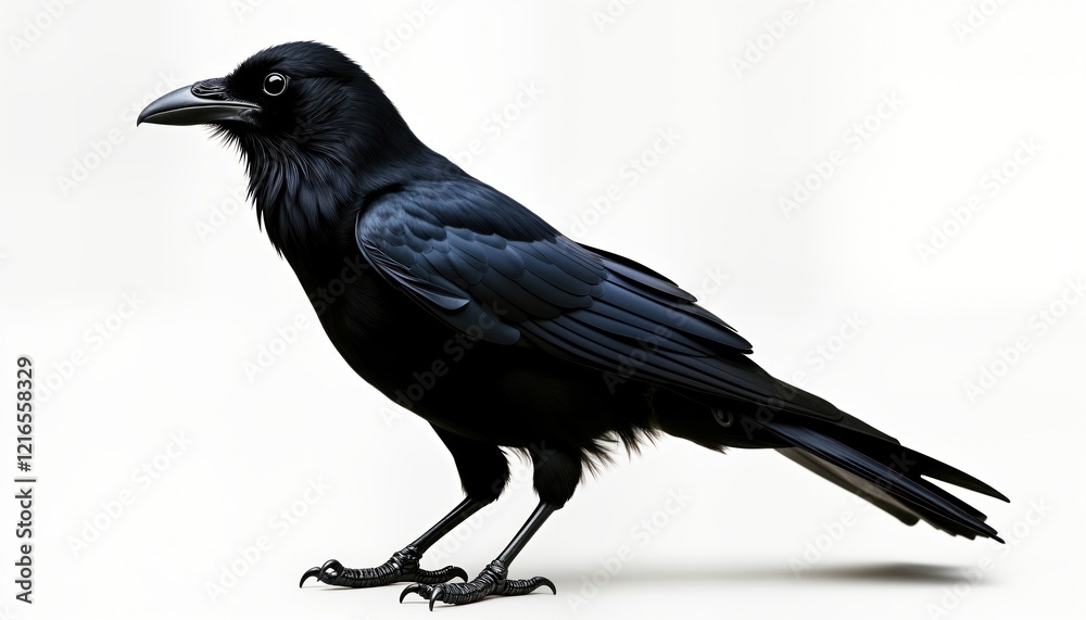 Black bird stands isolated on plain white background. Sharp detail shows feathers, beak. Wildlife nature photo. Dark bird standing still on white background. Perfect for nature zoology wild bird Black bird stands isolated on plain white background. Sharp detail shows feathers, beak. Wildlife nature photo. Dark bird standing still on white background. Perfect for nature zoology wild bird
