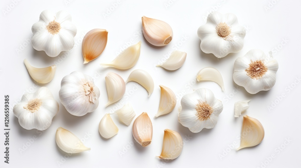 Fresh garlic with cloves and bulbs arranged on a white background for culinary presentation and recipe inspiration Fresh garlic with cloves and bulbs arranged on a white background for culinary presentation and recipe inspiration