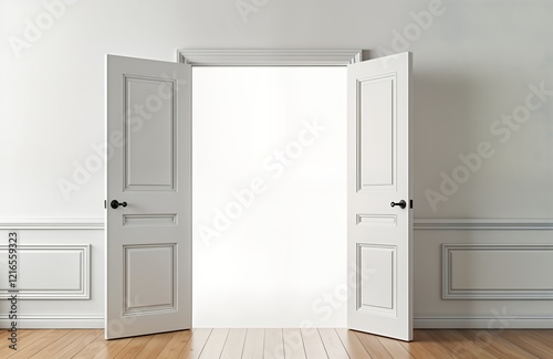 Empty room with double doors open. Bright white walls, light wooden floor. Classic interior design style. Potential for new beginnings fresh perspectives. Inspiring vision of hope fresh ideas, new