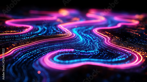 Abstract neon glowing lines flow across a dark, textured particle background.  Vibrant pink and blue hues create a dynamic, futuristic aesthetic perfect for tech, music, or sciencerelated projects. photo