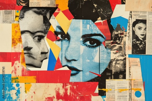 collage of a woman's face with colorful abstract shapes and newspaper clippings