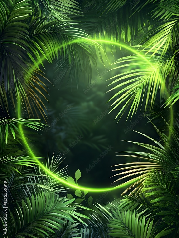 Obraz premium Neon green circle frame on a dark background of palm leaves.