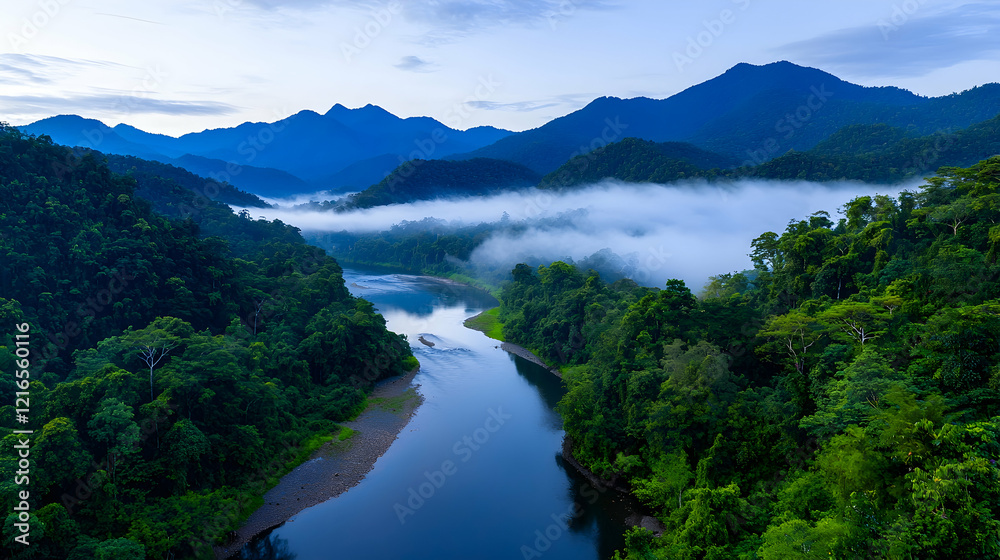 Serene River Winding Through a Misty Tropical Forest and Mountains Serene River Winding Through a Misty Tropical Forest and Mountains