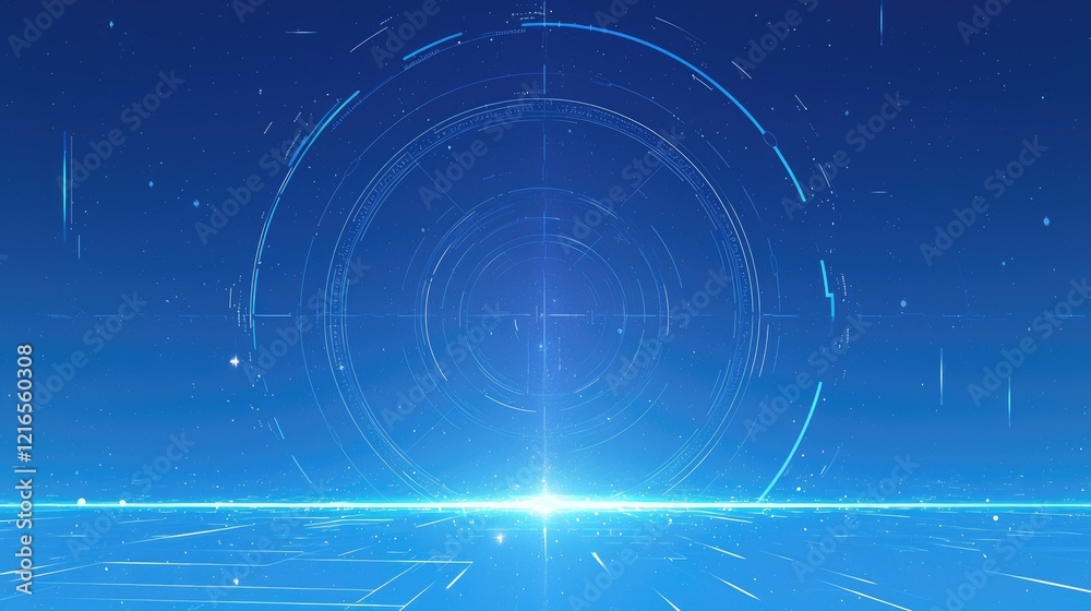 Obraz premium Abstract digital design featuring concentric circles and glowing lines in a blue gradient.