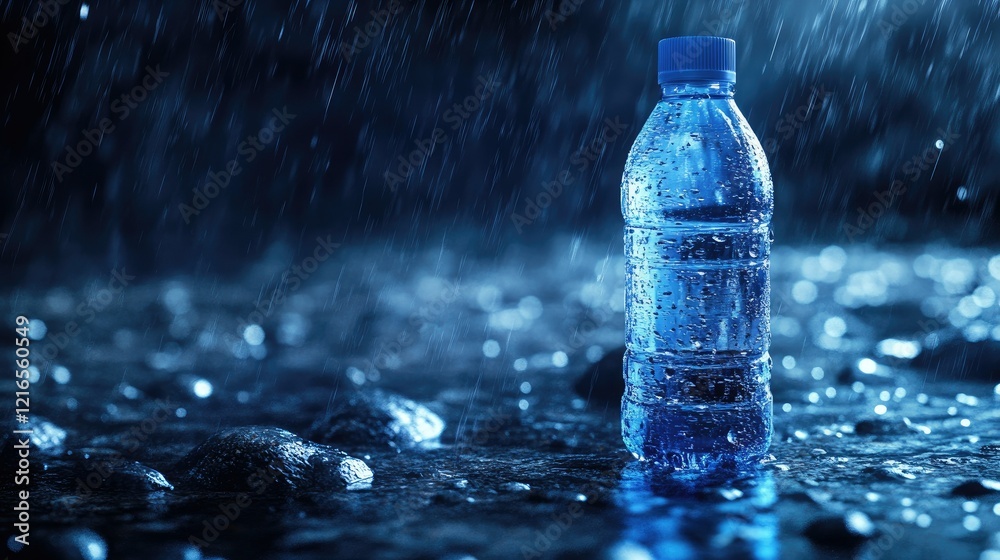 A clear, chilled plastic water bottle with condensation stands on a wet surface, A clear, chilled plastic water bottle with condensation stands on a wet surface,