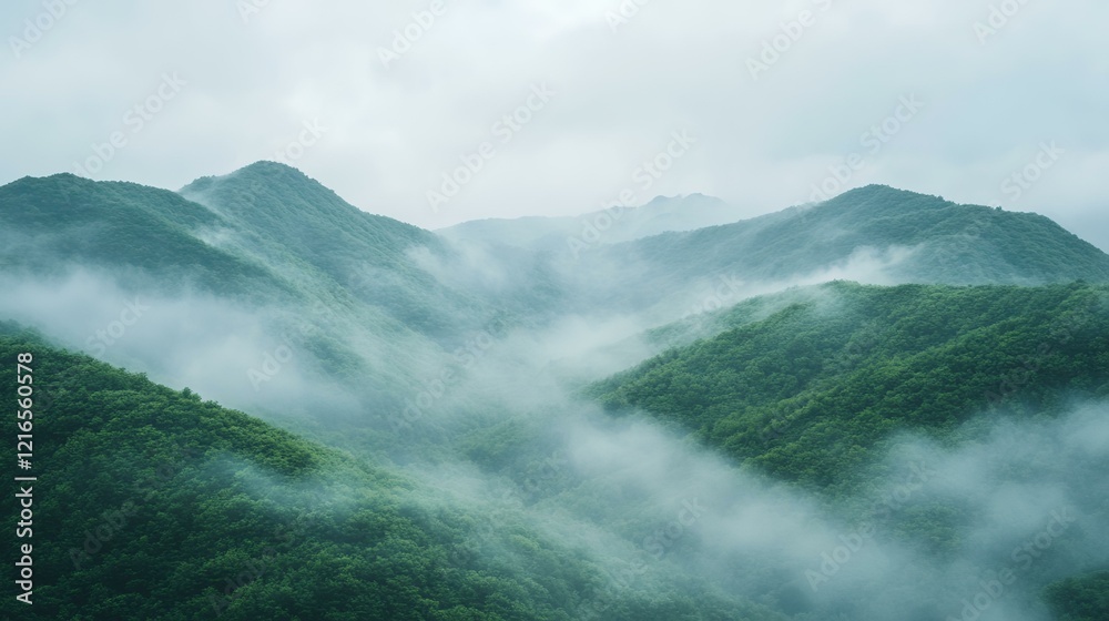 Fototapeta premium Misty green mountains, serene landscape, nature background, perfect for travel brochures