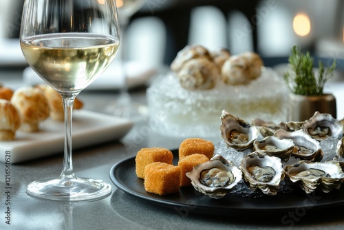 Restaurant oysters, wine, appetizers, luxe setting photo