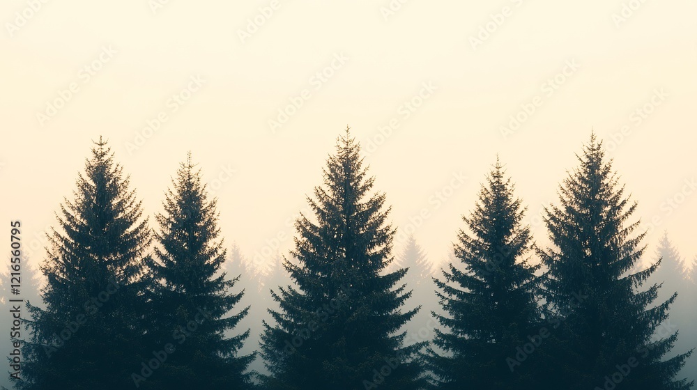 Obraz premium Misty morning forest silhouette; peaceful nature scene, ideal for calming backgrounds or travel brochures
