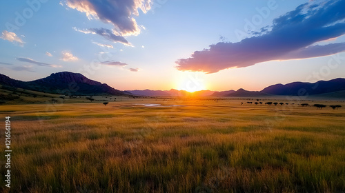 Serene Sunset Over Golden Grasslands with Grazing Cattle