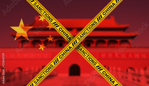 Vector yellow crossed prohibitory tapes with inscriptions, sanctions china, on red blurred chinese forbidden city. Political economic banner.