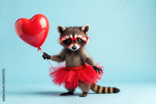 Cute Valentine raccoon in red tutu with heart balloon on blue background photo