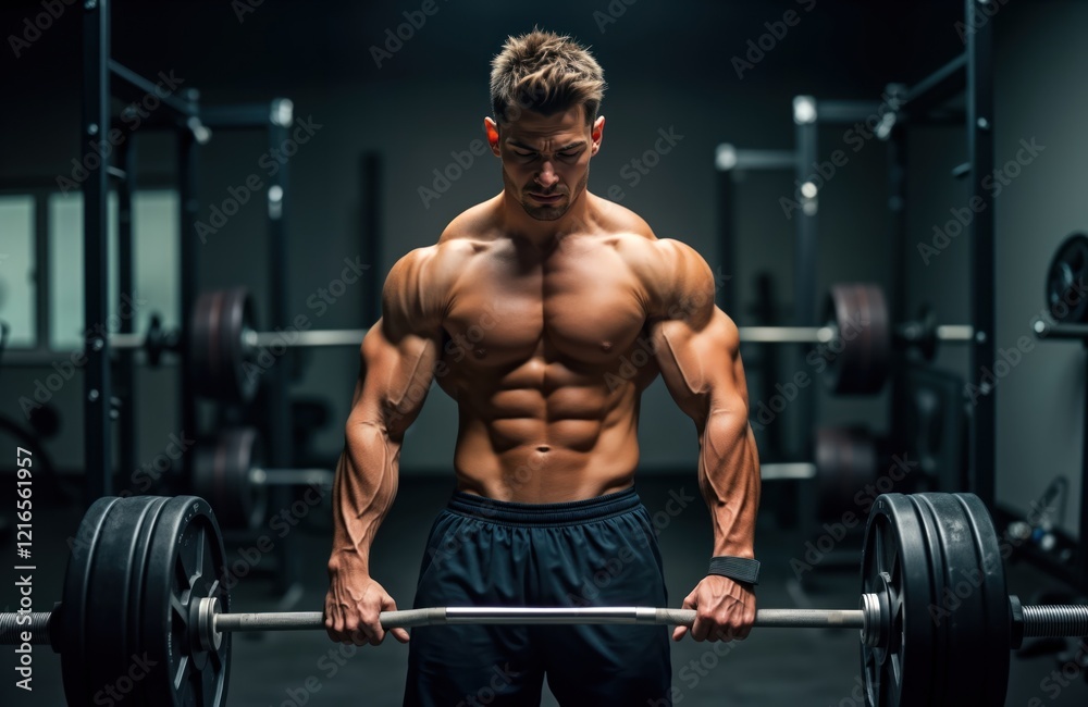 Young bodybuilder exercises with barbell in gym. Man performs strength training. Focus on muscular physique, healthy lifestyle. Workout session in indoor fitness center. Athletic man demonstrates Young bodybuilder exercises with barbell in gym. Man performs strength training. Focus on muscular physique, healthy lifestyle. Workout session in indoor fitness center. Athletic man demonstrates