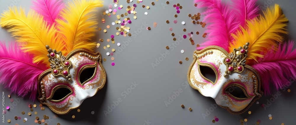 Banner elegant pink and yellow venetian carnival masks with ornaments on grey background with confetti. Banner elegant pink and yellow venetian carnival masks with ornaments on grey background with confetti.
