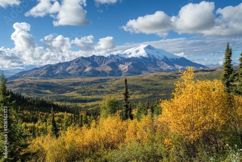 Autumnal Alaskan mountain vista, fall foliage, cloudy sky, scenic backdrop, travel poster