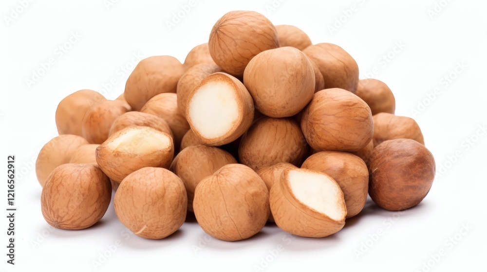 Healthy and nutritious macadamia nuts piled on a white background ready for snacking or cooking Healthy and nutritious macadamia nuts piled on a white background ready for snacking or cooking