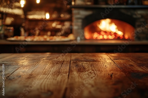 empty wooden table top with blurred background of a pizza restaurant with a burning fireplace and pizzas