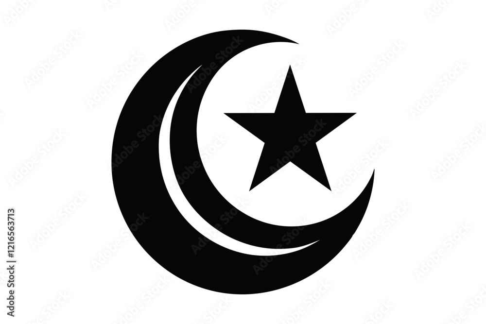 Crescent moon and star silhouette isolated on white background. Moon and star icon vector illustration design. Crescent moon and star silhouette isolated on white background. Moon and star icon vector illustration design.