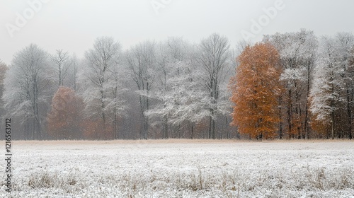 Snowy field, winter forest, orange trees, misty landscape, nature scene, winter wonderland photo