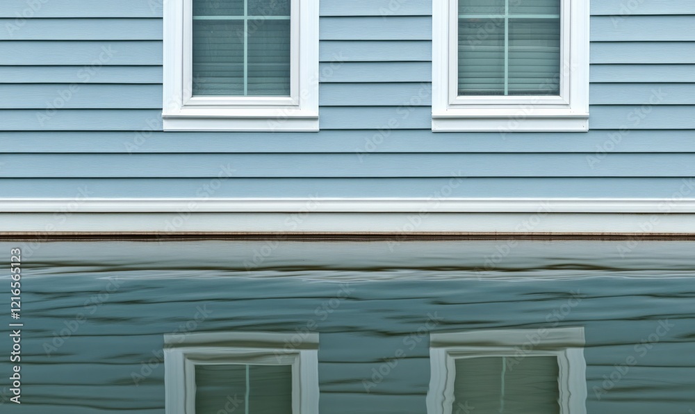 Fragment of house wall trimmed with siding reflected in water Fragment of house wall trimmed with siding reflected in water