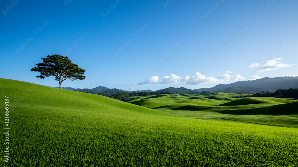Fototapeta premium Solitary Tree on Rolling Green Hills Under a Blue Sky