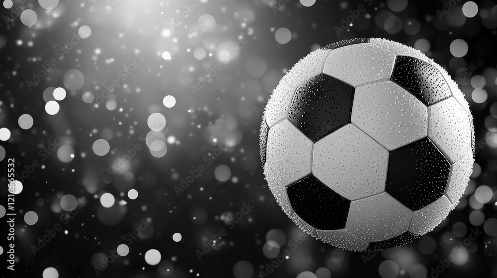 Fototapeta premium Close-Up of a Black and White Soccer Ball with Dew Drops on a Shiny Background, Perfect for Sports and Athletic Themes