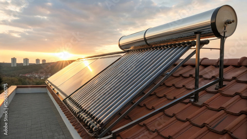 rooftop solar water heater with reflective tubes captures sunlight at sunset, showcasing sustainable energy