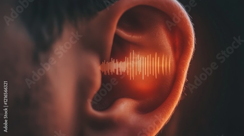 Close up of an ear with a sound wave entering the ear canal, representing the process of hearing and its connection to audiology and sound perception
