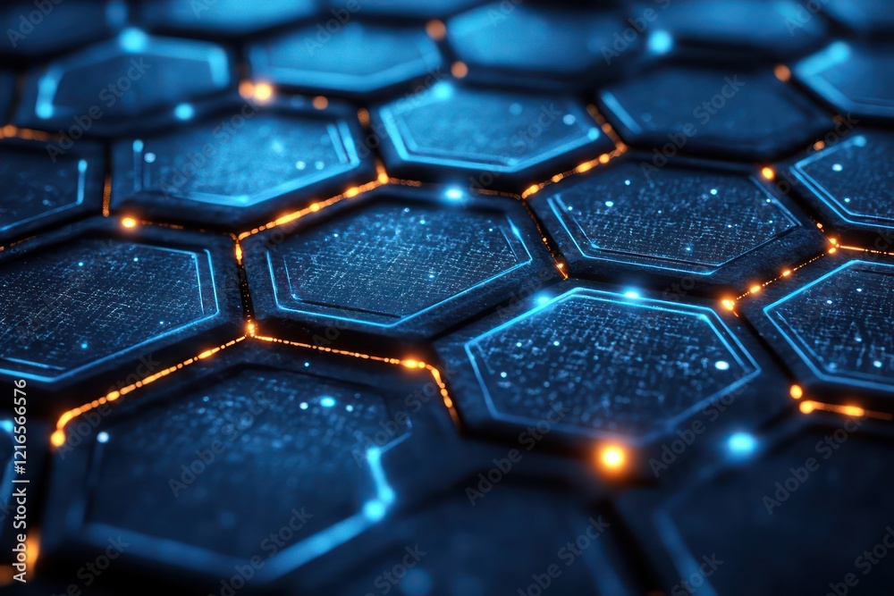 Obraz premium High-tech hexagon pattern with interconnected nodes, creating a digital aesthetic.