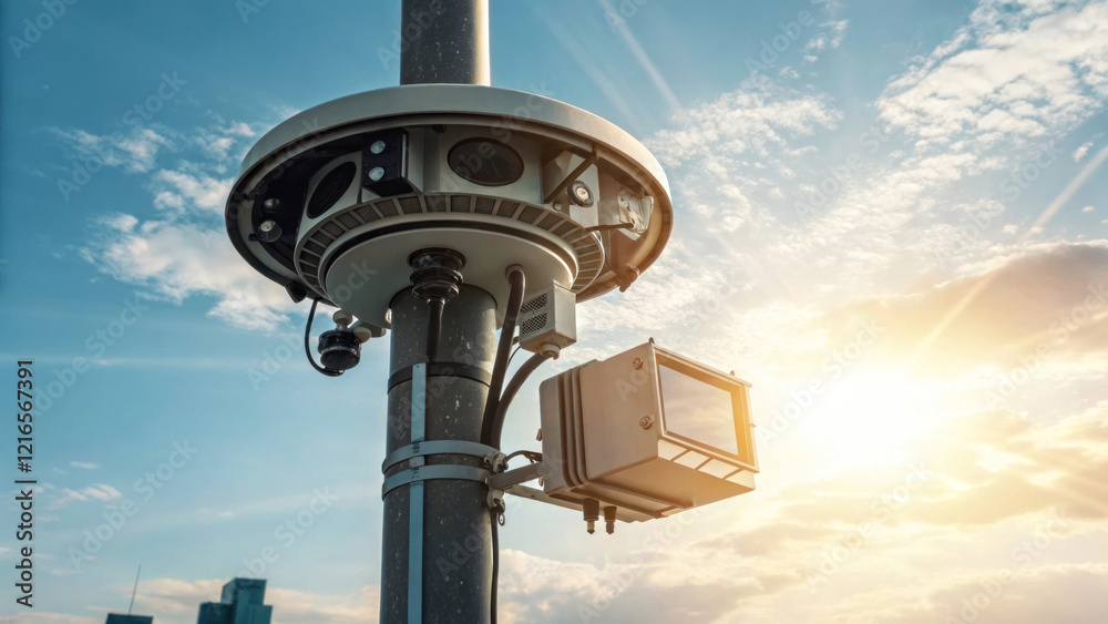 Urban air quality sensor mounted on pole, monitoring environment