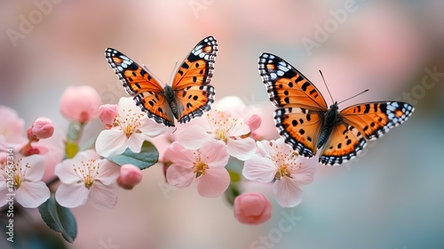 Two butterflies on blooming pink flowers, spring garden background, nature beauty, perfect for greeting cards