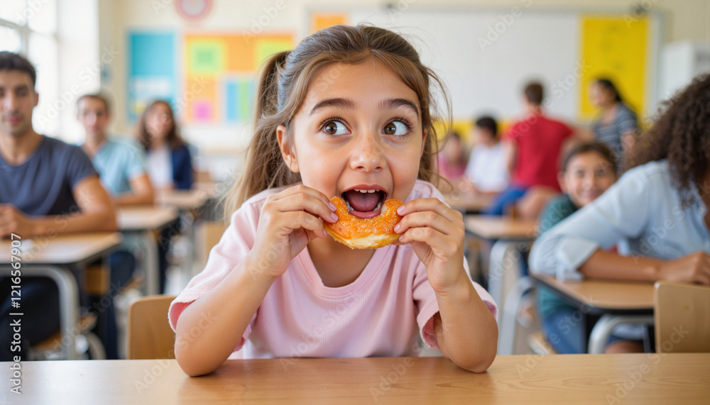 Surprised Middle Eastern girl enjoying donut in school cafeteria, April Fools' Day prank