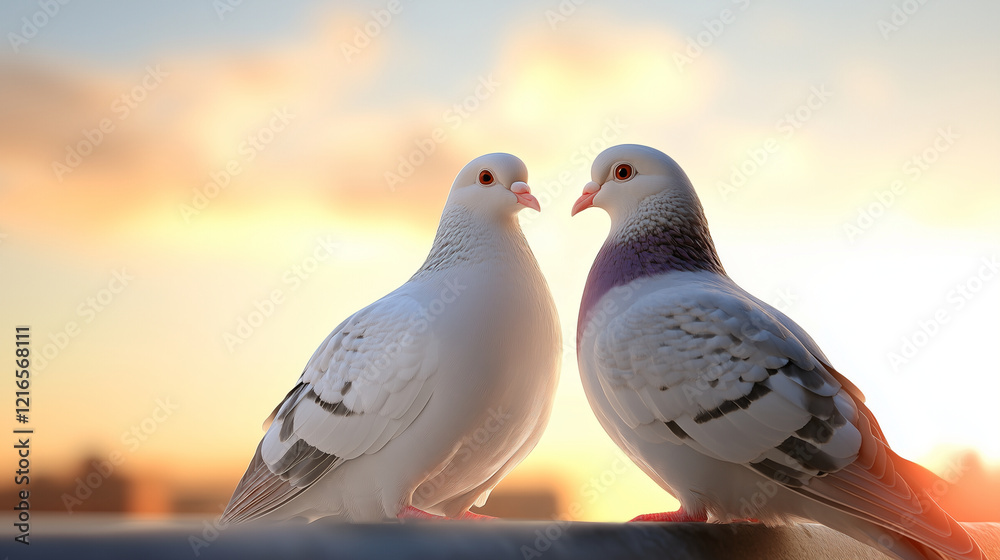 Two pigeons perched together in a serene, beautiful setting, symbolizing love and tranquility. A perfect scene for nature, romance, or peaceful-themed designs. Two pigeons perched together in a serene, beautiful setting, symbolizing love and tranquility. A perfect scene for nature, romance, or peaceful-themed designs.