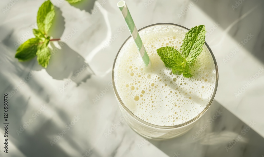 Glass of fizzy milk with a straw and garnished with mint leaves, straw, refreshing drink, mint leaves Glass of fizzy milk with a straw and garnished with mint leaves, straw, refreshing drink, mint leaves